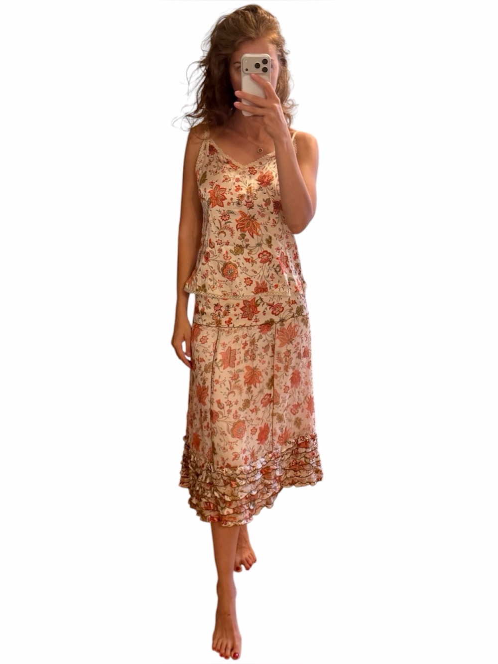 Y2K New E.Generation Japanese brand silk set floral camisole/midi skirt size M